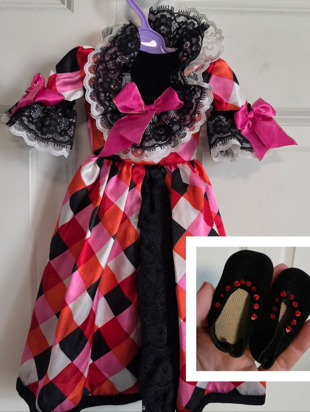 Pink & Red American Girl 18in doll Dress with Black Lace and shoes set vintage